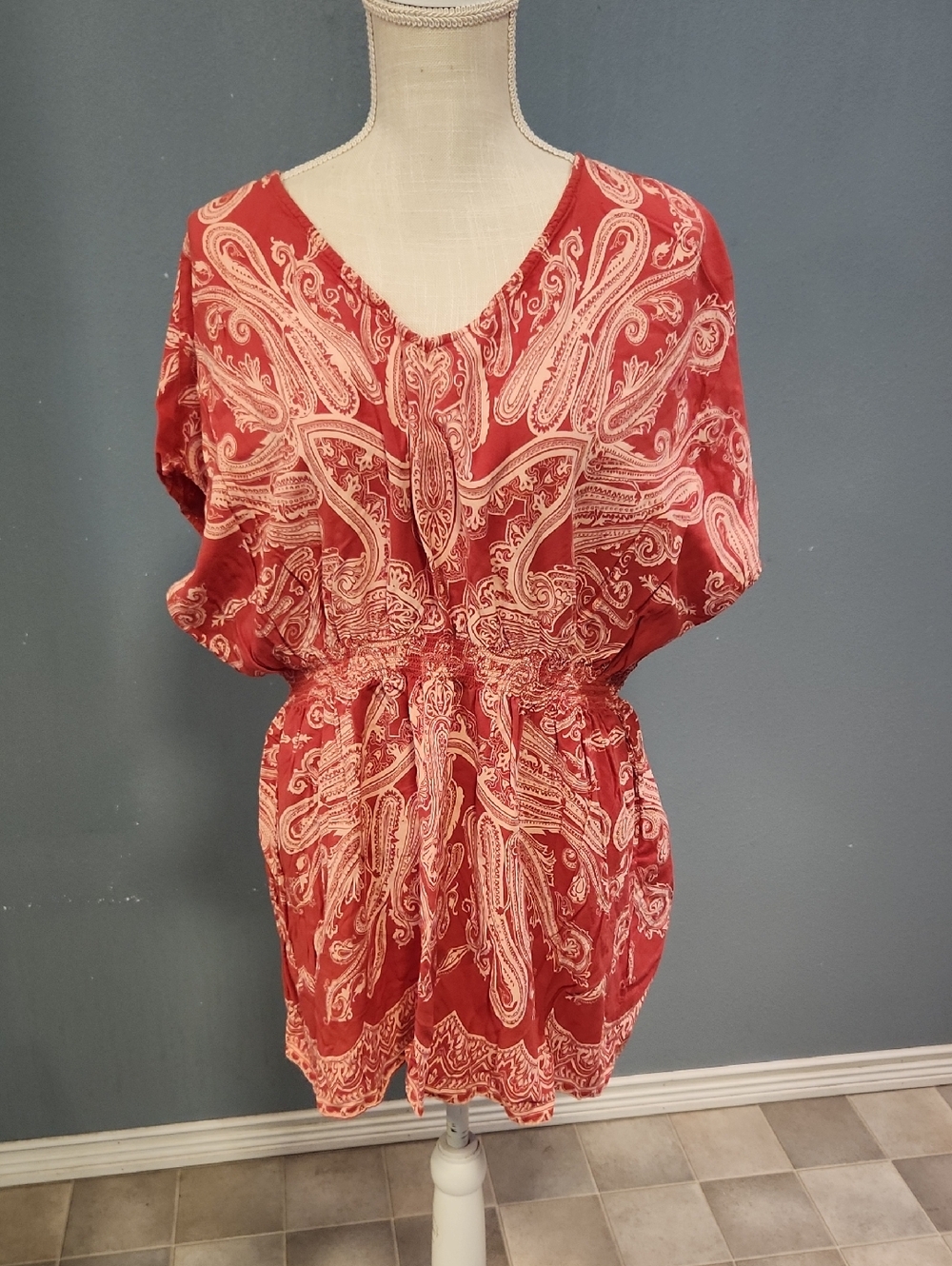 St. JohnBay Flowy Paisley Print Ruched Waist Boho Festival Blouse Resortwear